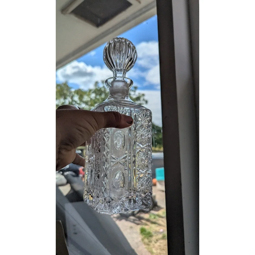 Vintage Clear Cut Crystal Square Decanter with Ribbed Stopper Starburst Pattern
